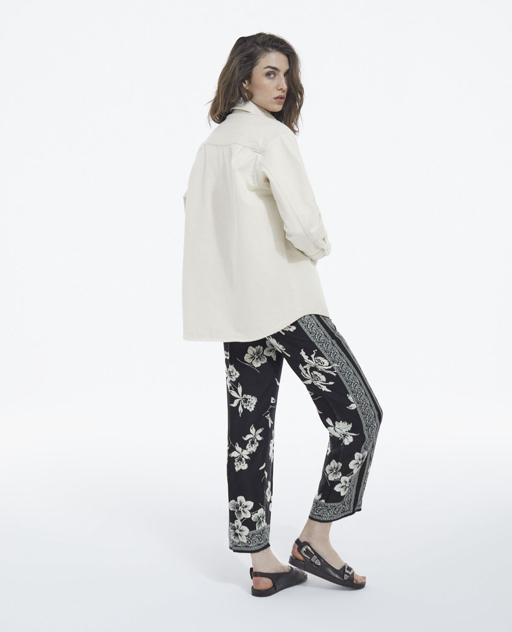 Flowing black - white pants with scarf motif, BLACK WHITE, hi-res image number null
