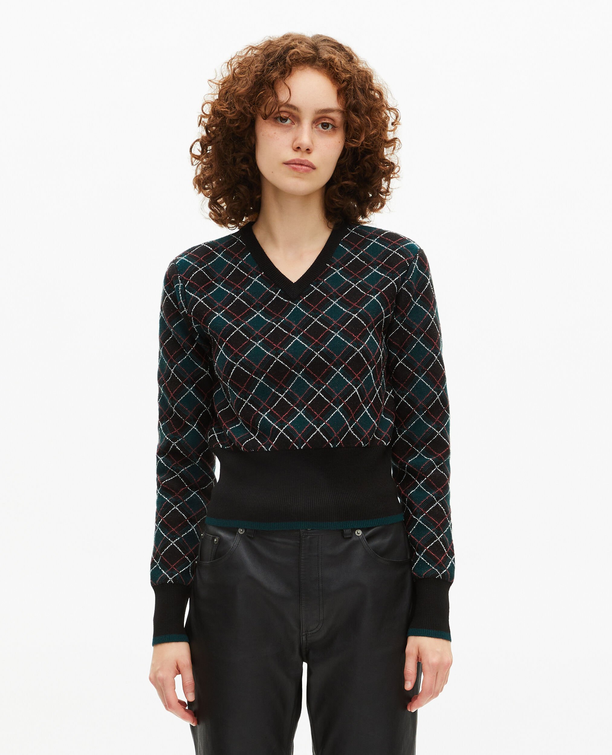 Black plaid sweater, BLACK DARK GREEN, hi-res image number null