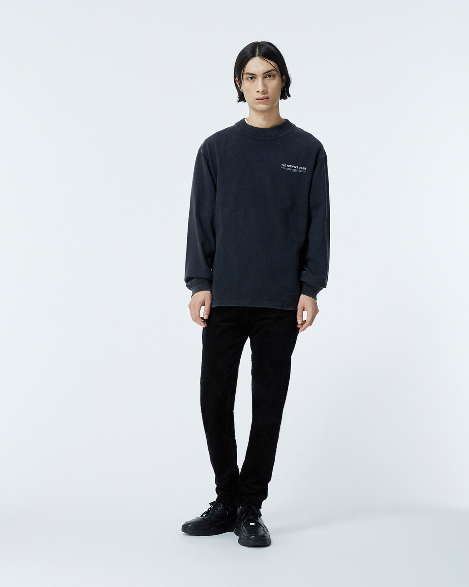 Black cotton T-shirt with long sleeves, BLACK WASHED, hi-res image number null