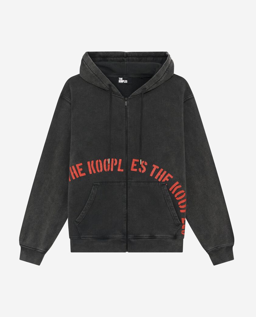 The Kooples MEN BLACK WASHED zipped sweatshirt with black silk-screen print