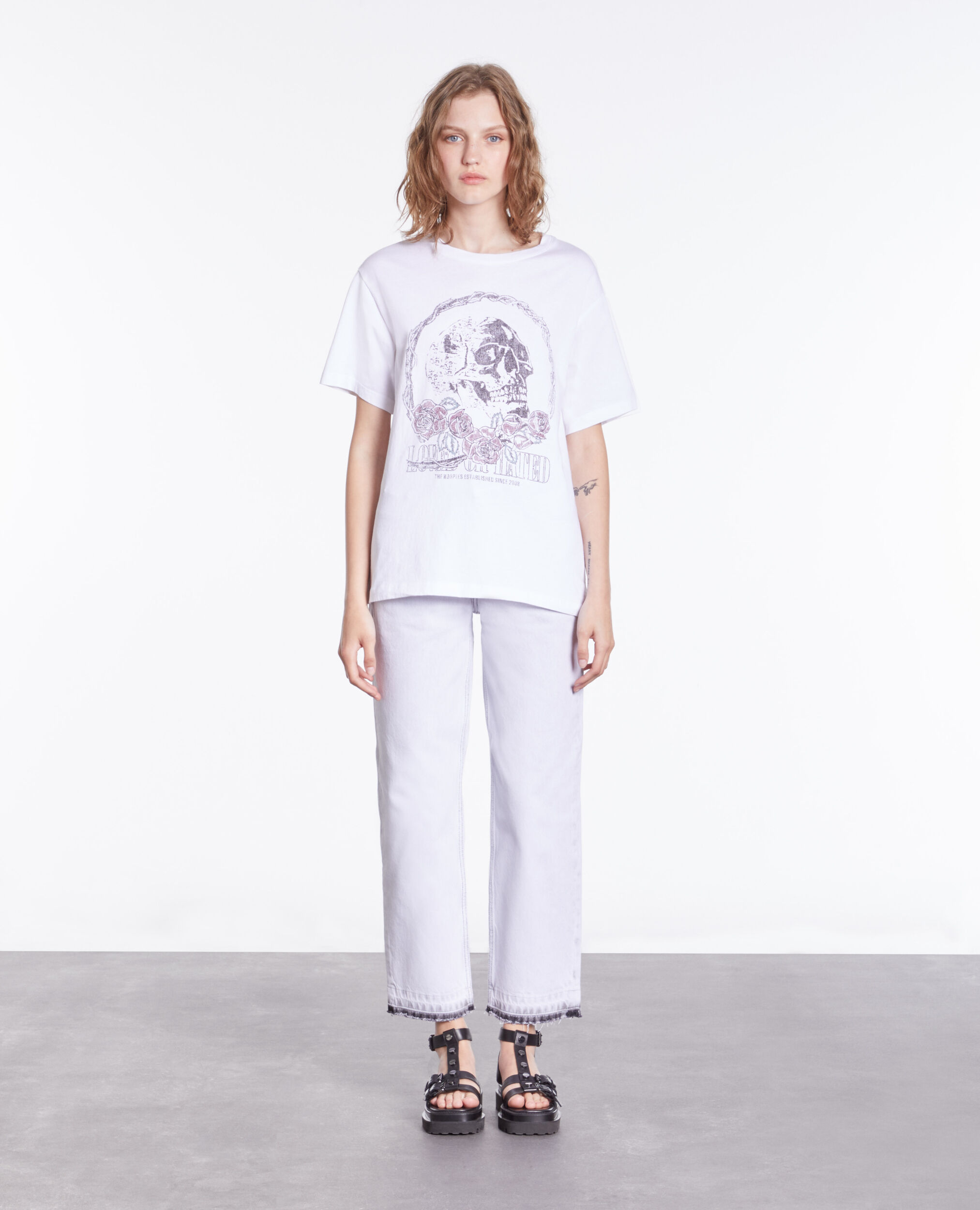 Women's white t-shirt with vintage skull serigraphy, WHITE, hi-res image number null