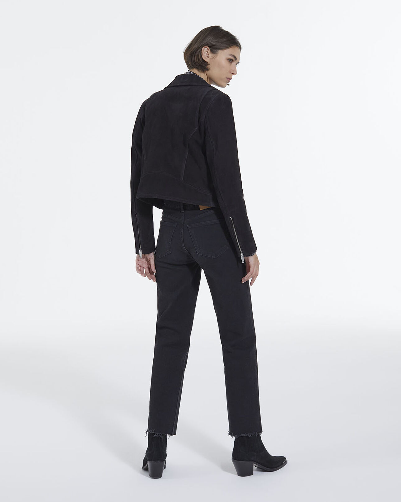 The Kooples DAMEN BLACK schwarzfarbene bikerjacke aus veloursleder