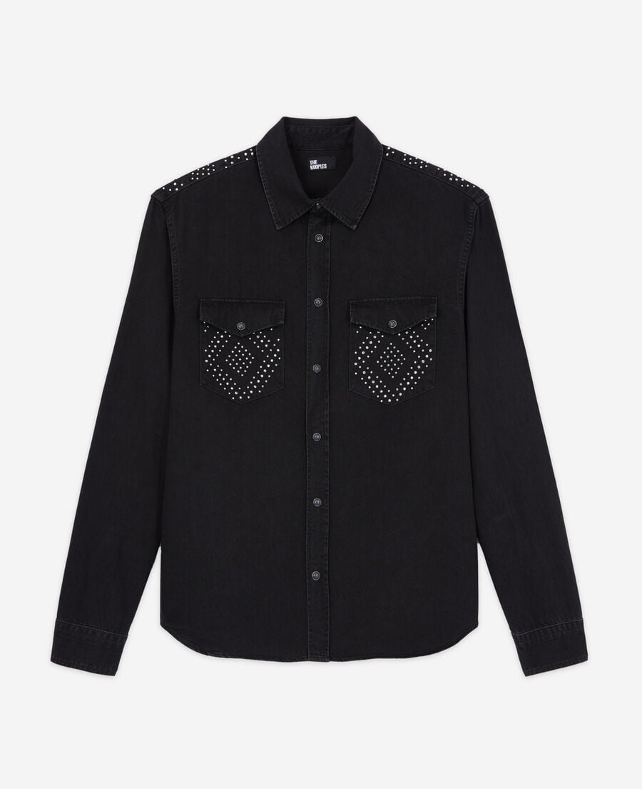 The Kooples MEN BLACK WASHED black studded shirt with classic collar
