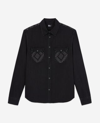The Kooples MEN BLACK WASHED black studded shirt with classic collar