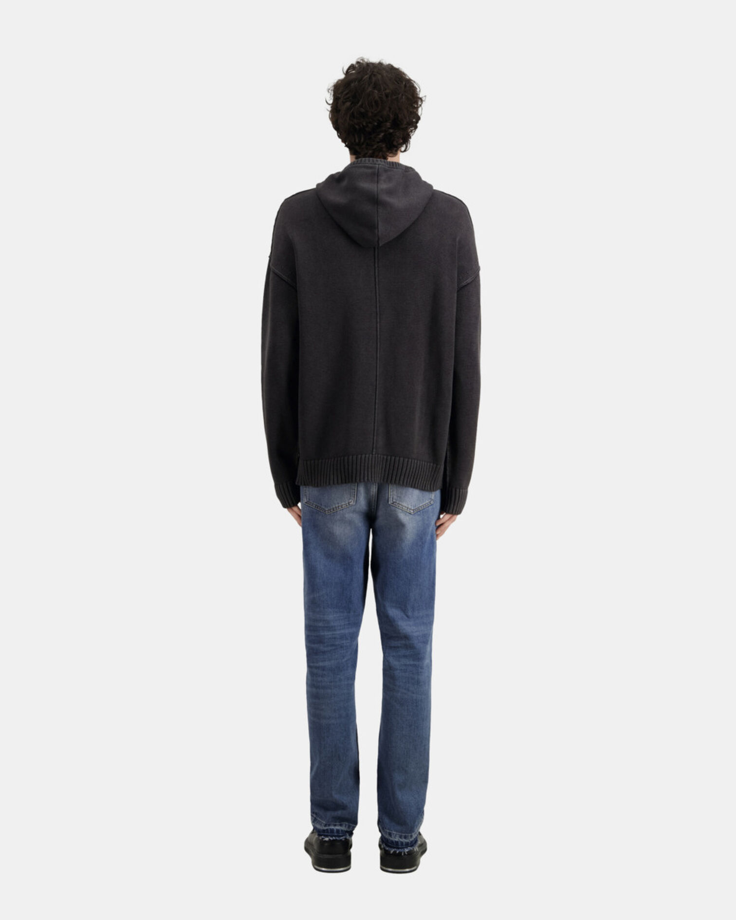 Black cotton and wool hooded sweater, BLACK WASHED, hi-res image number null