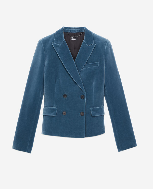 veste tailleur bleue courte en velours