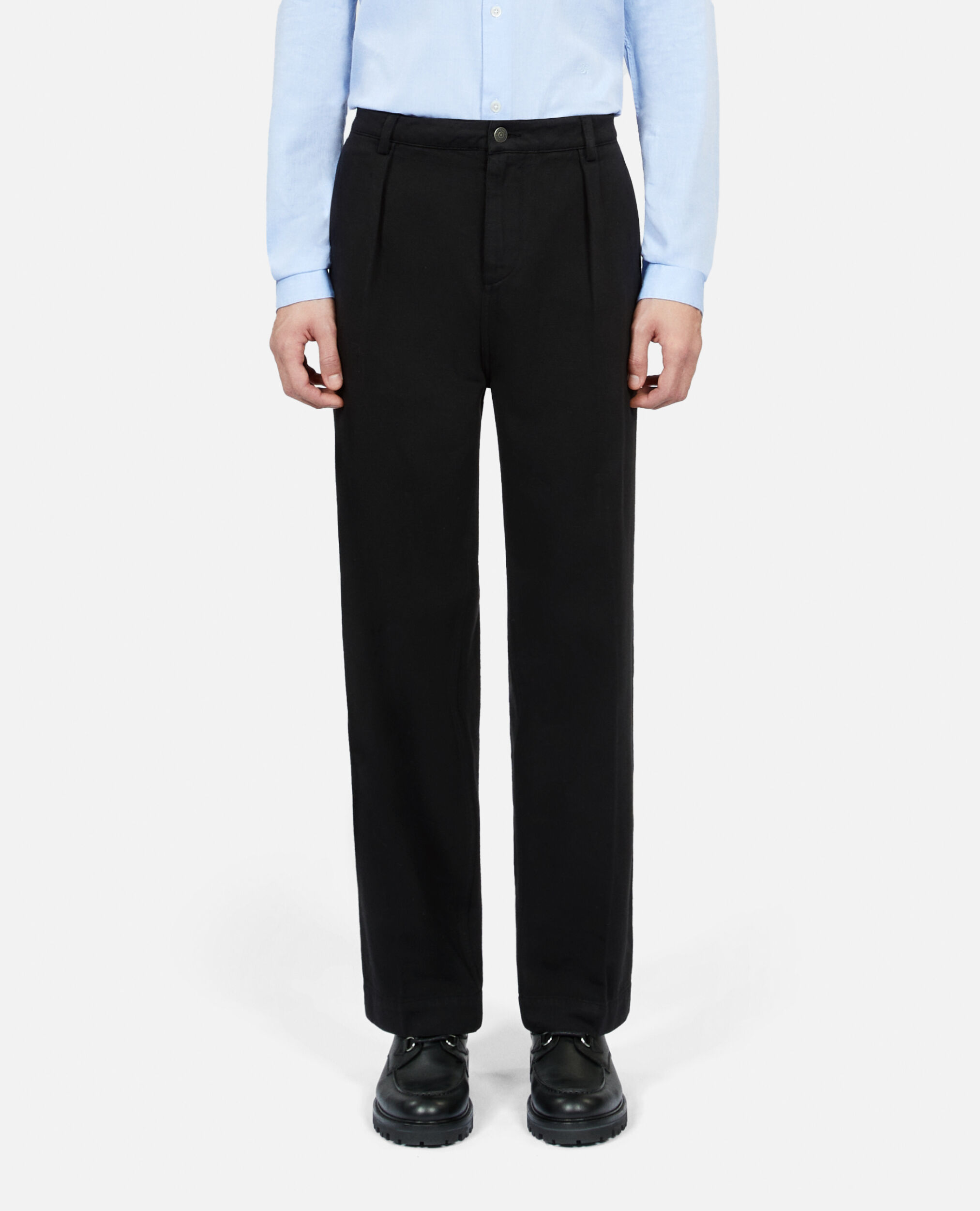 Black cotton and linen trousers with pleats, BLACK, hi-res image number null