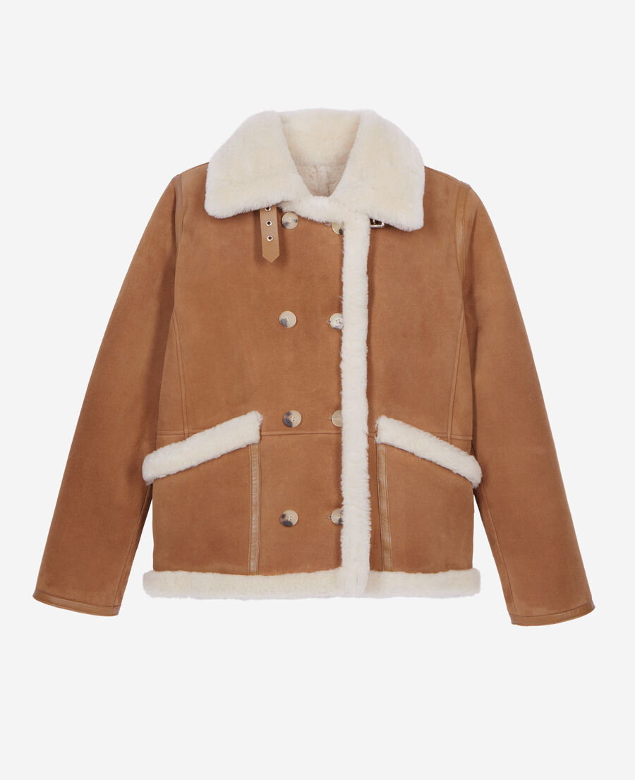 The Kooples WOMEN BROWN-BEIGE short brown shearling coat