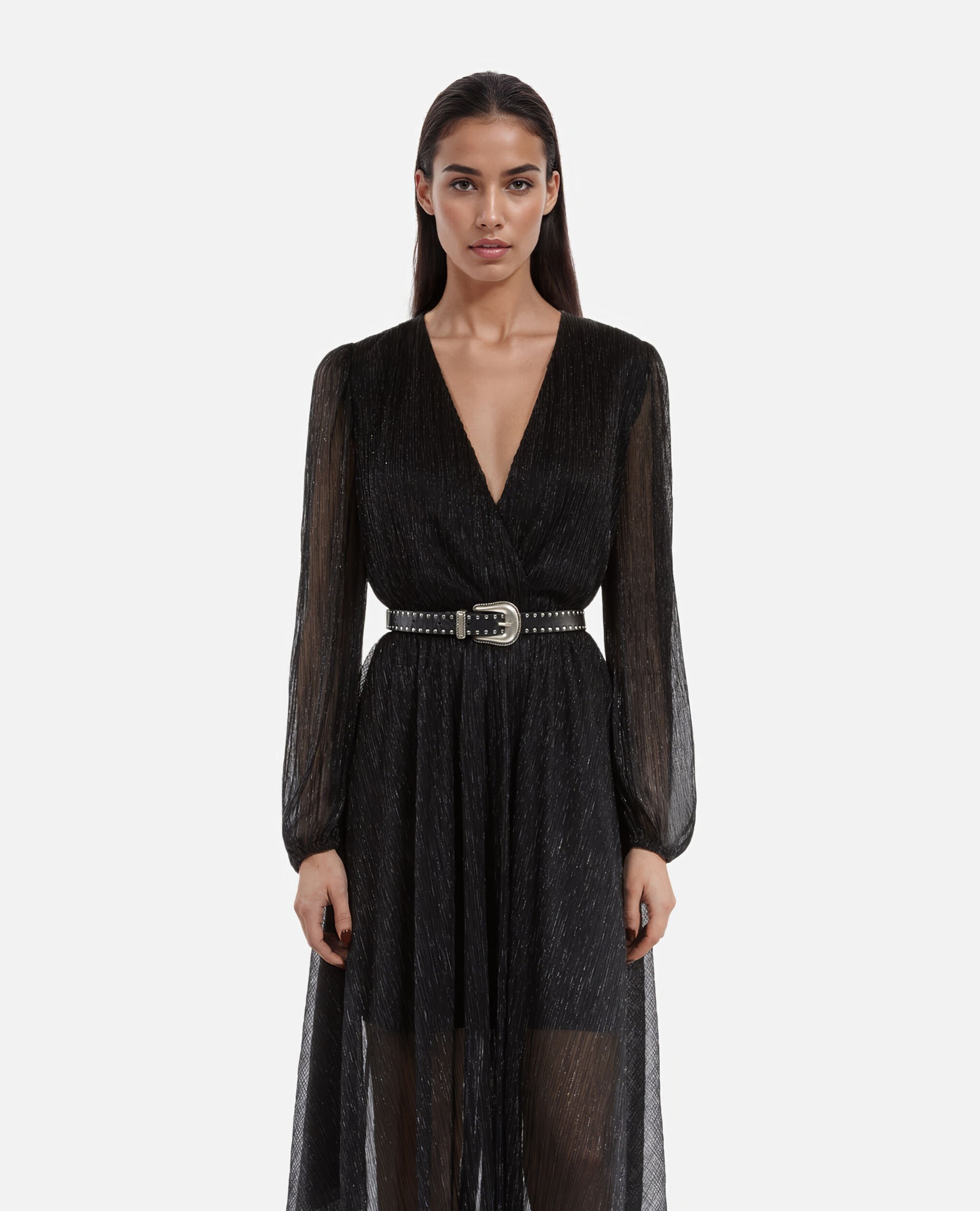 Robe longue plissée noire, BLACK, hi-res image number null