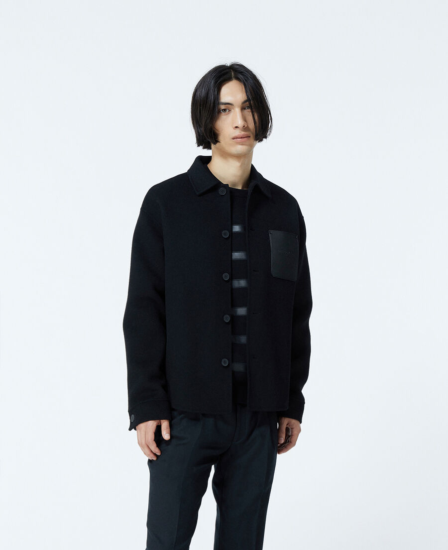 Black wool shirt with leather pocket | The Kooples