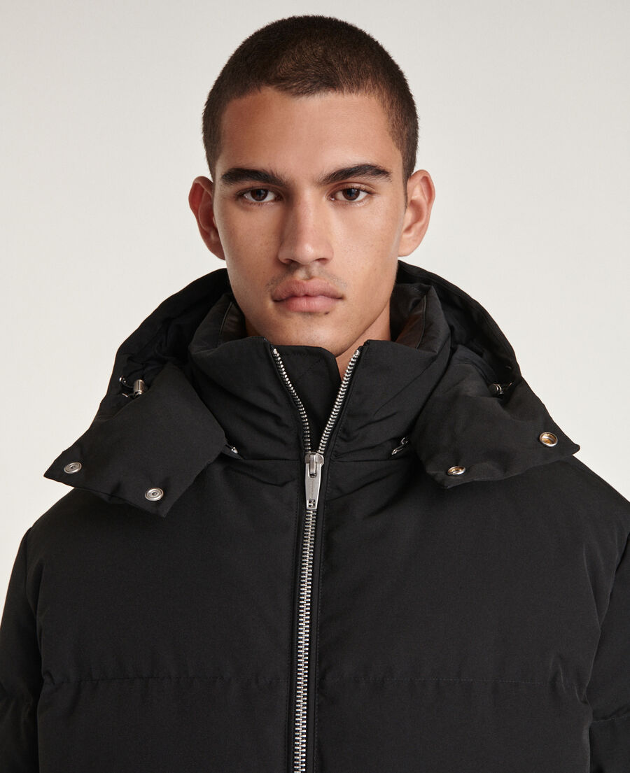 black nylon down jacket with leather details