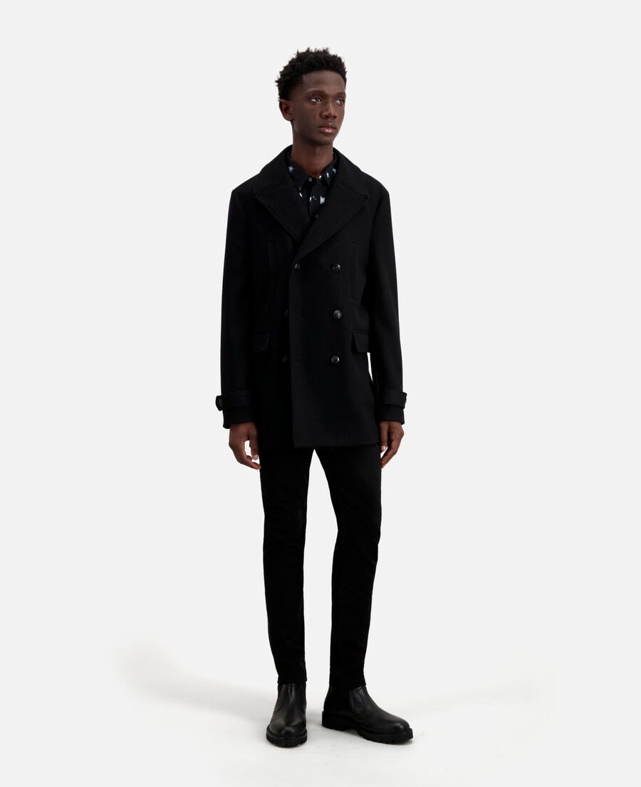 wool-blend mid-length black pea coat