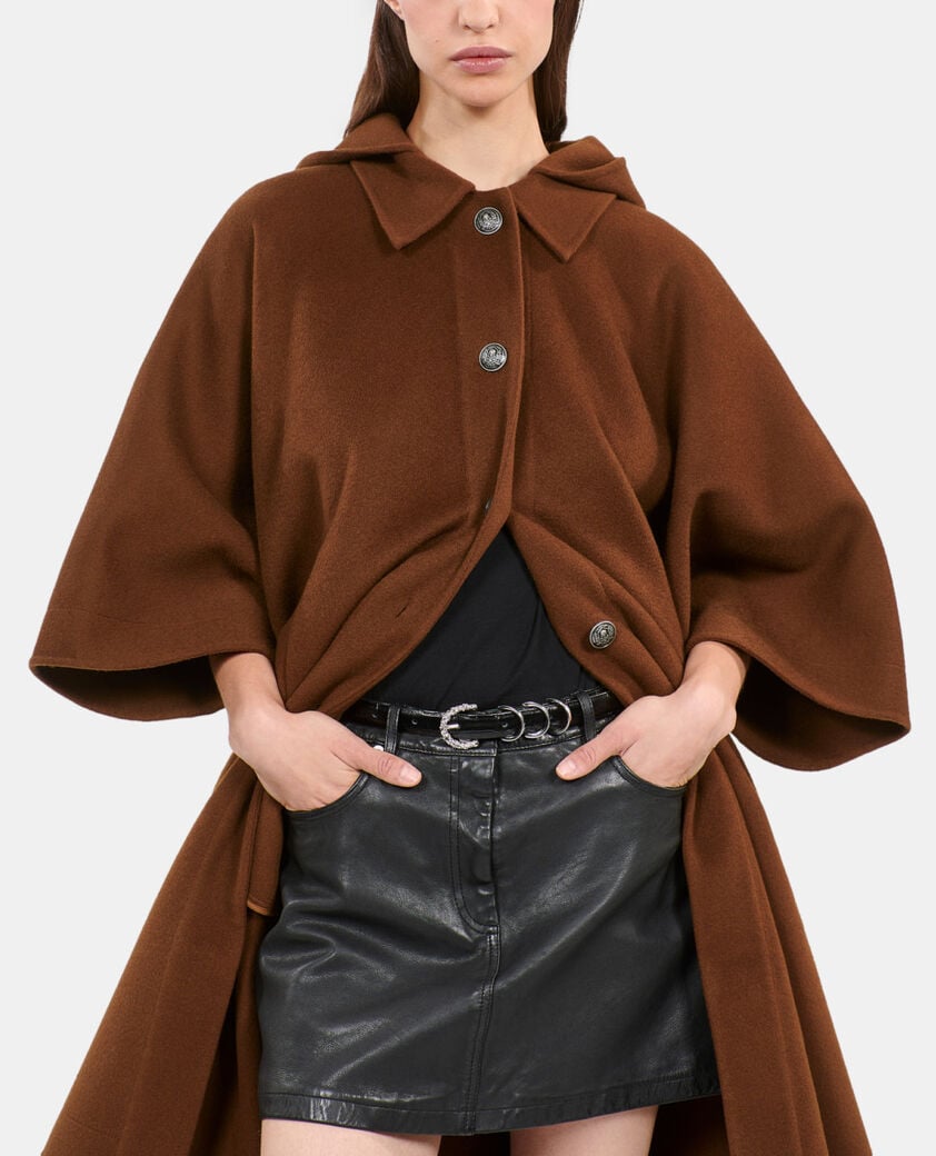 The Kooples FEMME DARK BROWN cape longue à capuche en laine mélangée marron