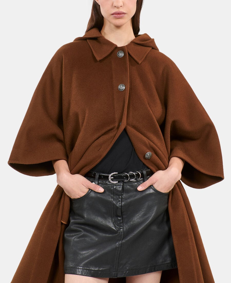 The Kooples DAMEN DARK BROWN langes, braunes wollcape mit kapuze