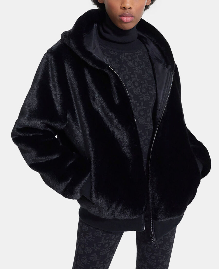 black faux fur coat with hood