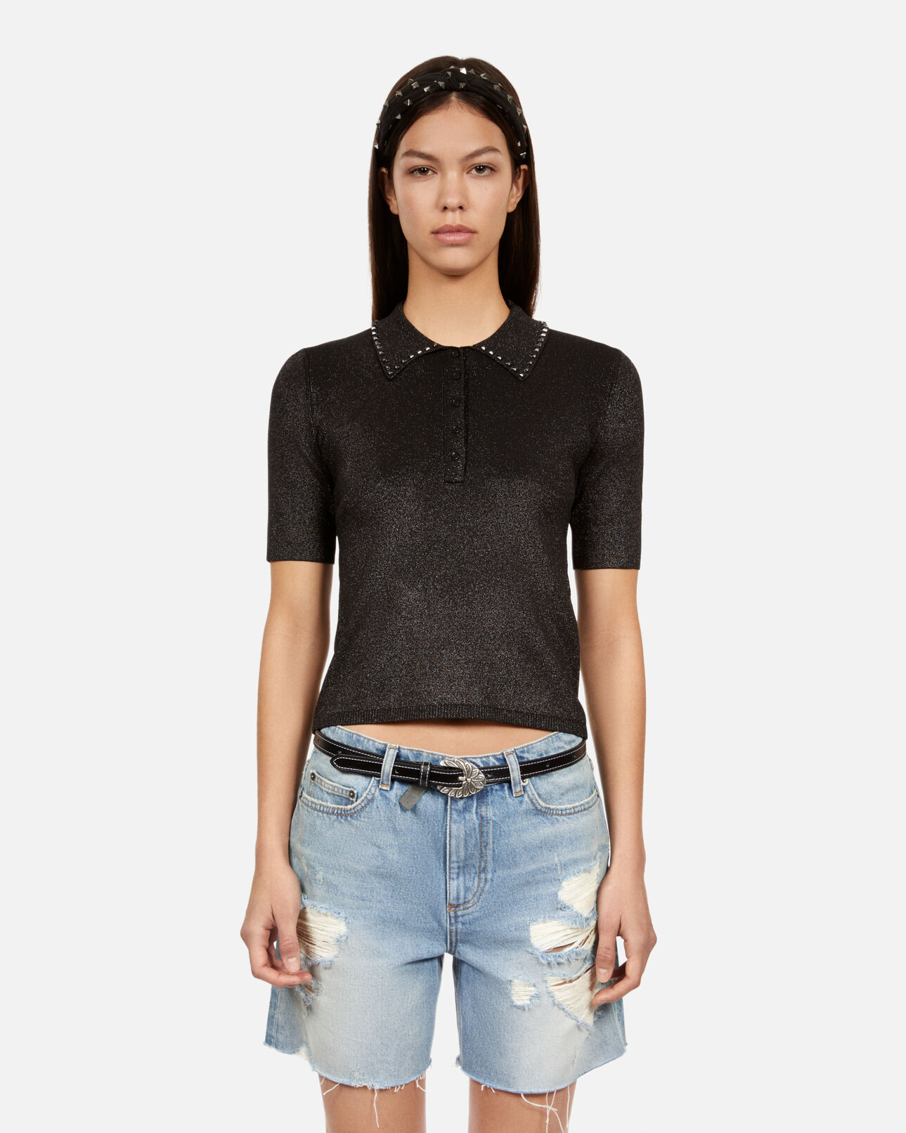 The Kooples WOMEN BLACK black mesh polo t-shirt