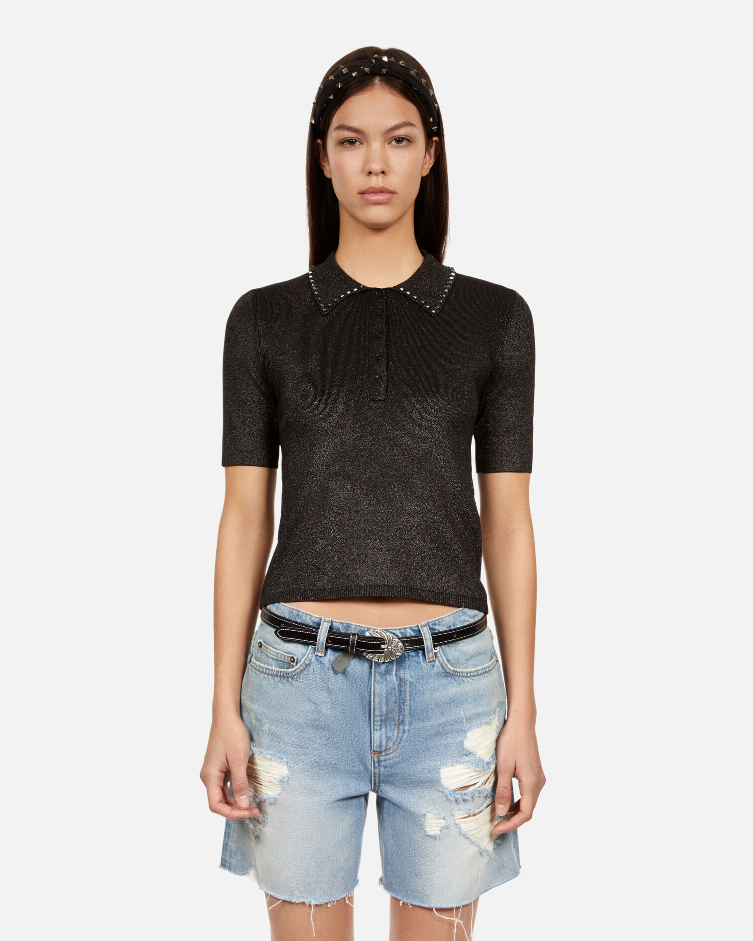 Black mesh polo t-shirt, BLACK, hi-res image number null