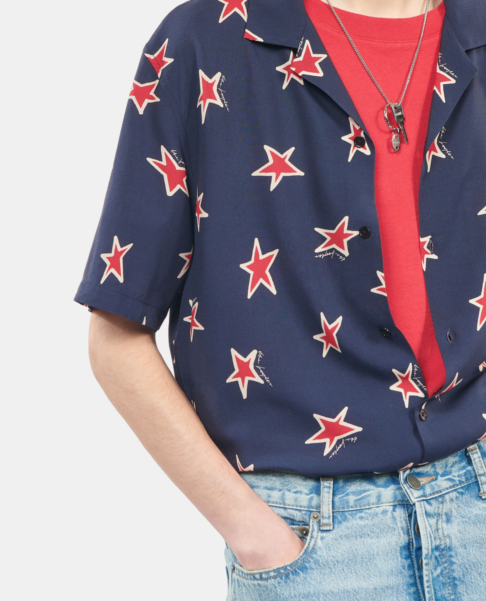 Short-sleeved star printed shirt, NAVY-RED, hi-res image number null