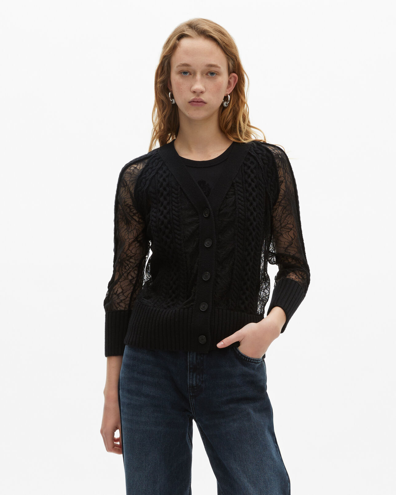 The Kooples WOMEN BLACK black wool and lace cardigan