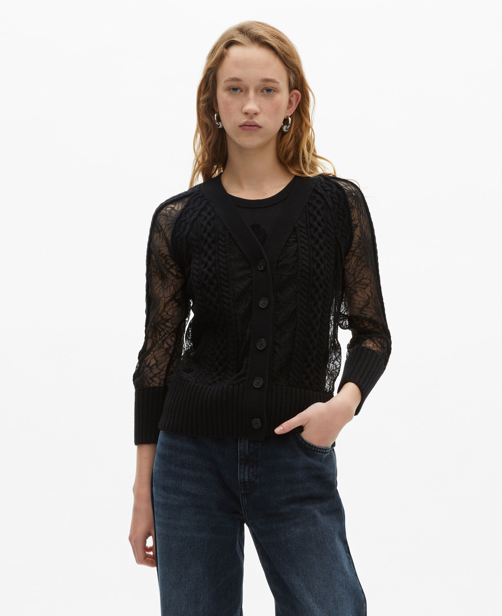 The Kooples WOMEN BLACK black wool and lace cardigan