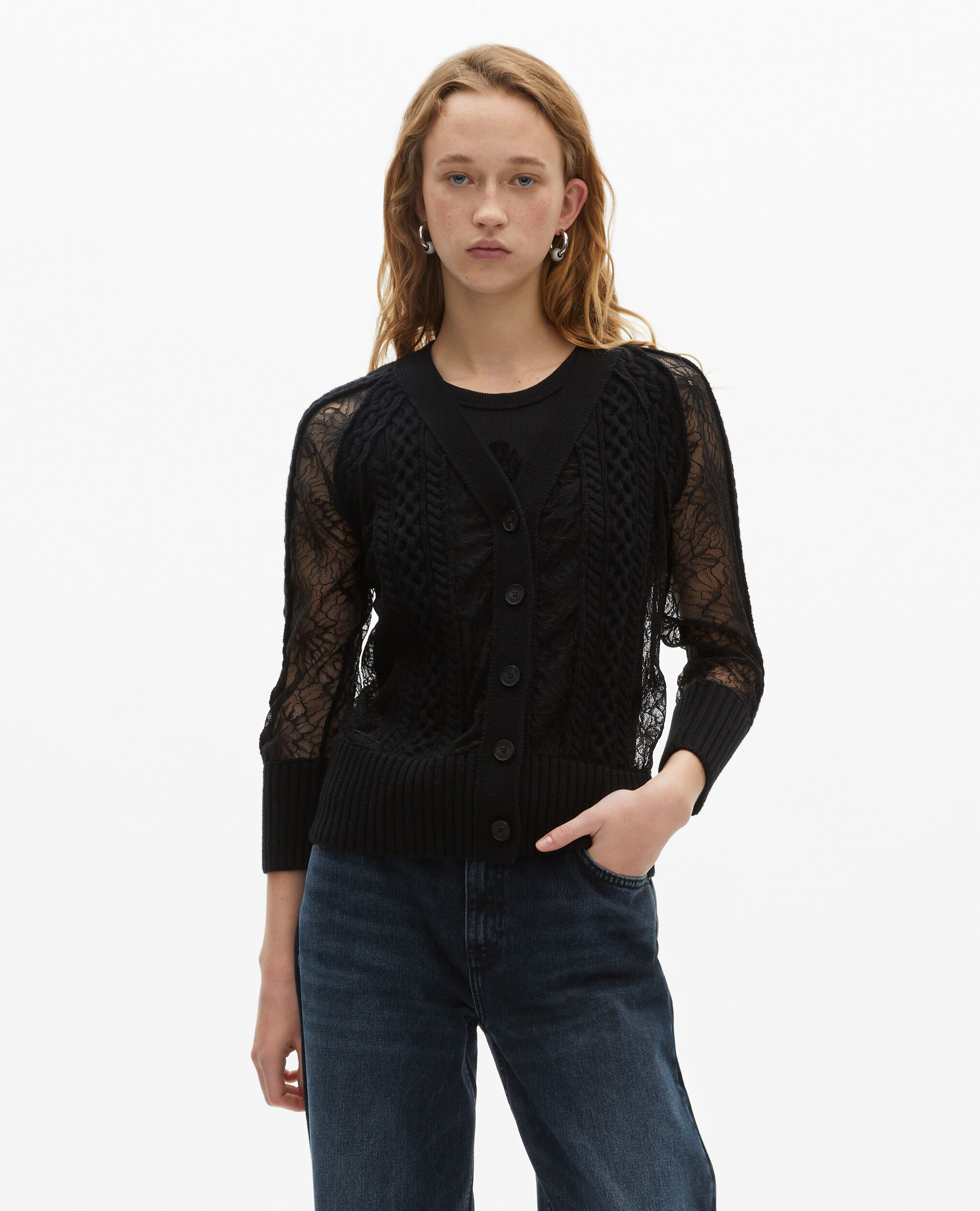 Black wool and lace cardigan, BLACK, hi-res image number null