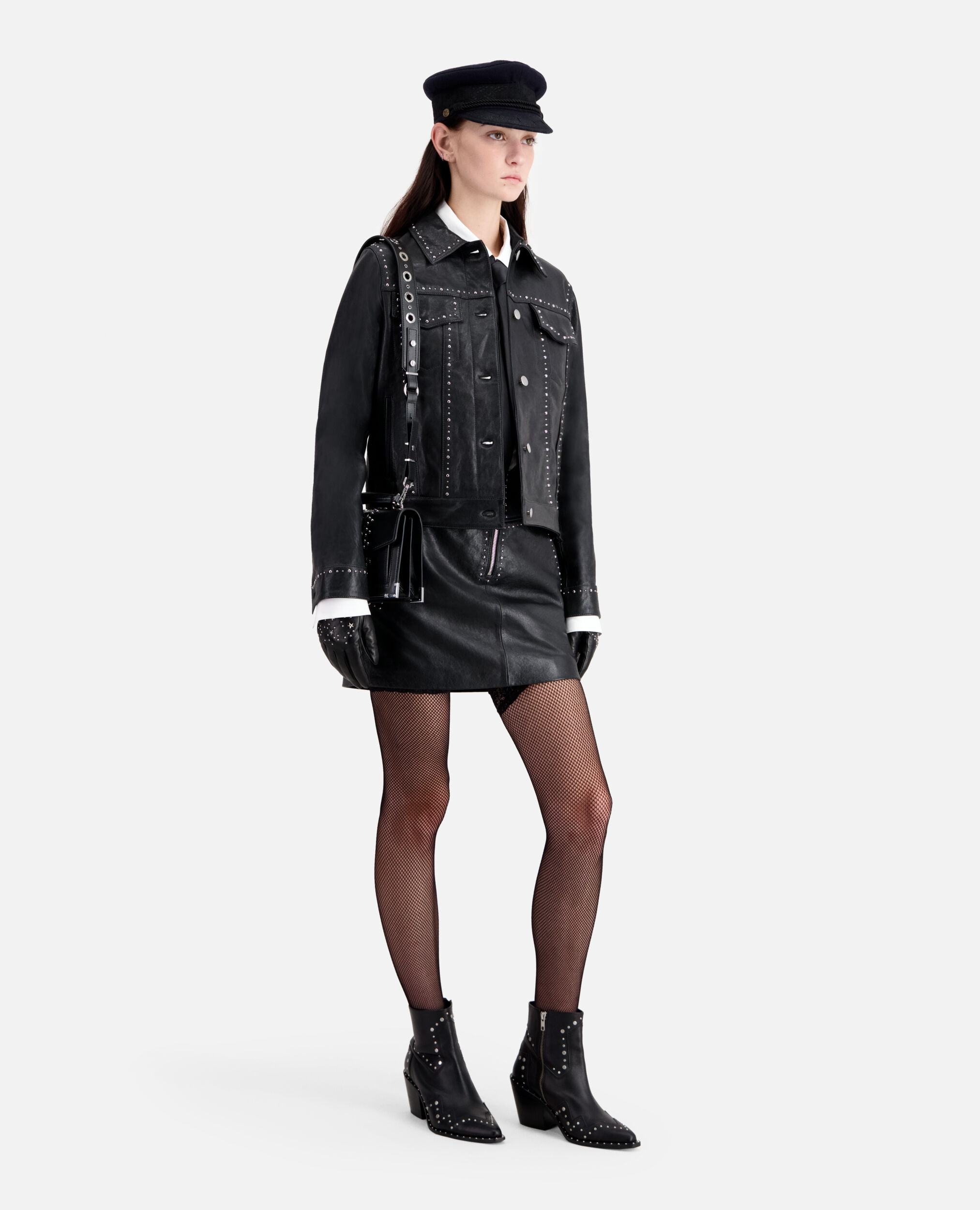 Black leather jacket with studs, BLACK, hi-res image number null