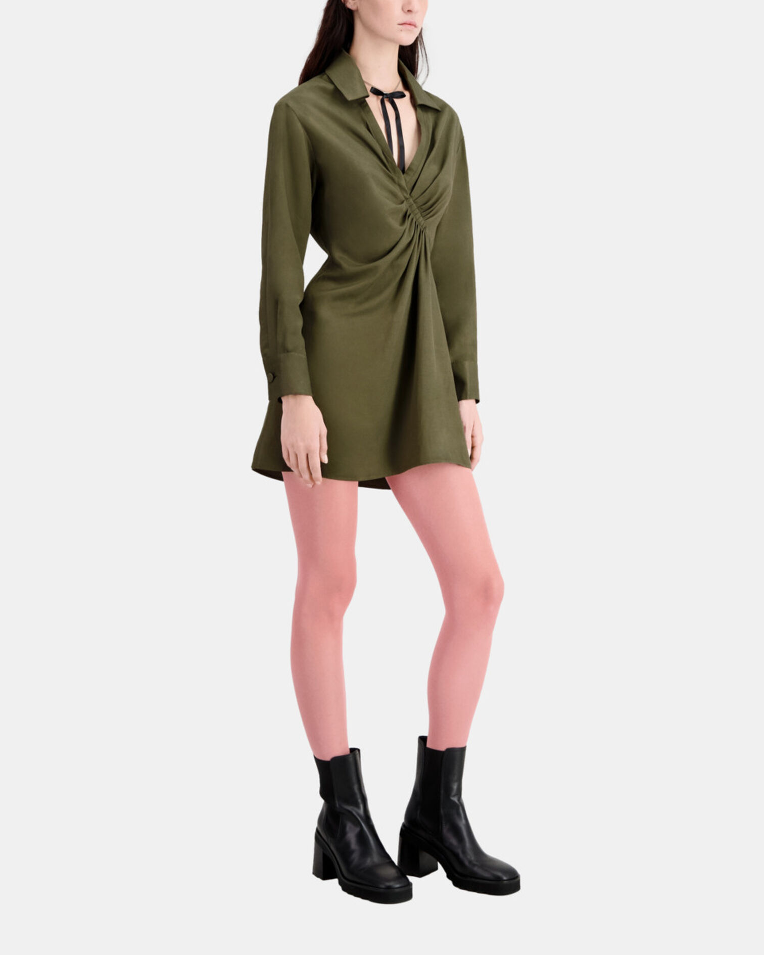 Short khaki dress with draping, KAKI, hi-res image number null