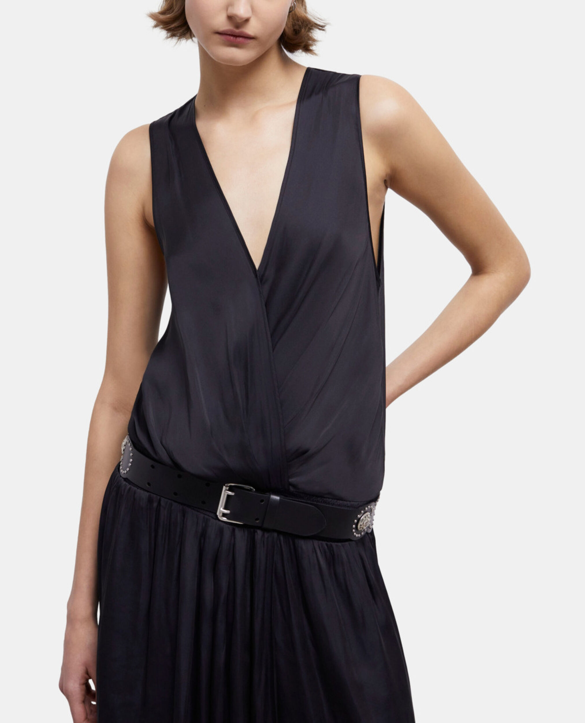 Vestido largo negro satinado, BLACK, hi-res image number null
