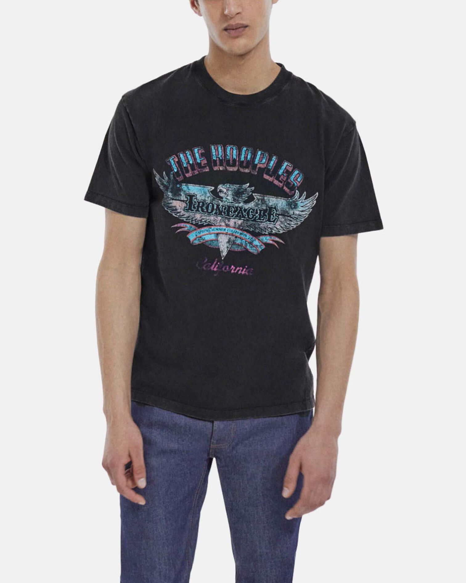 T-shirt noir délavé imprimé aigle col rond, BLACK WASHED, hi-res image number null