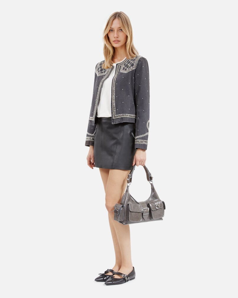 The Kooples WOMEN BLACK WASHED grey denim jacket with studs and pearls