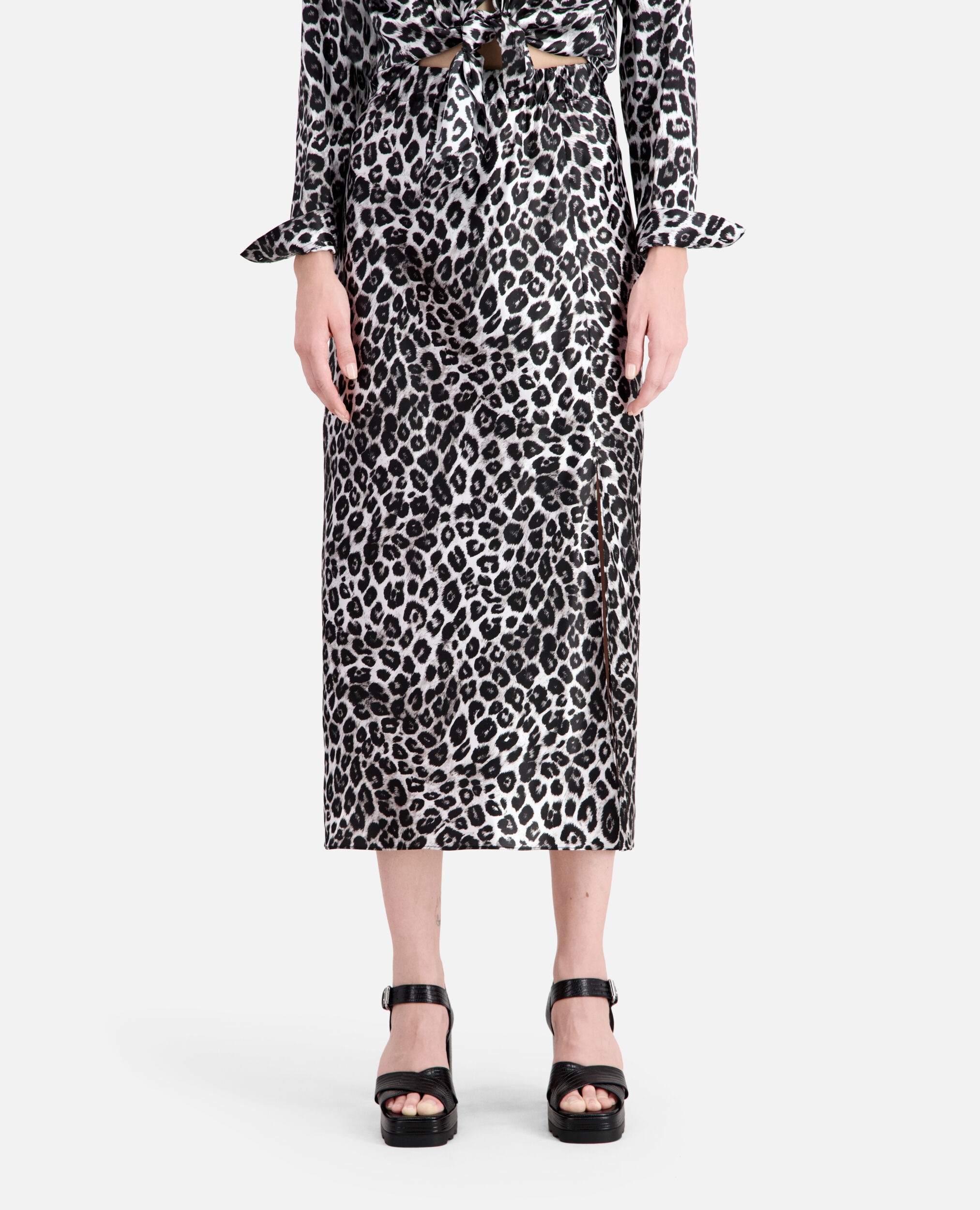 Long printed silk skirt, BLACK WHITE LEOPARD, hi-res image number null