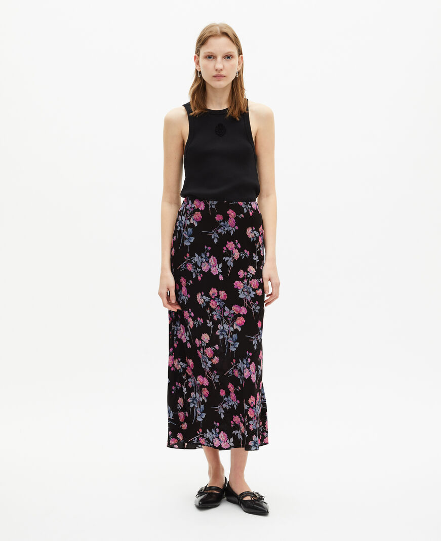The Kooples FEMME BLACK / PINK jupe longue imprimé fleuri noire
