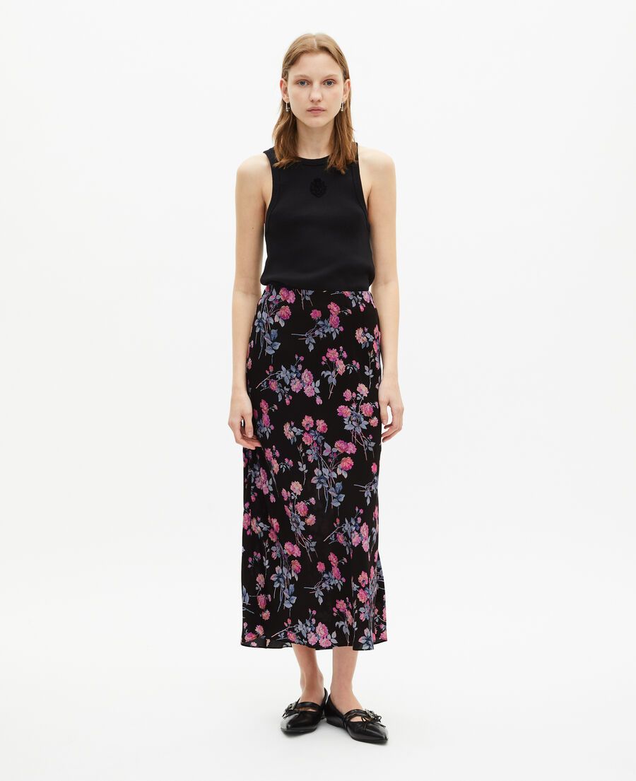 The Kooples FEMME BLACK / PINK jupe longue imprimé fleuri noire