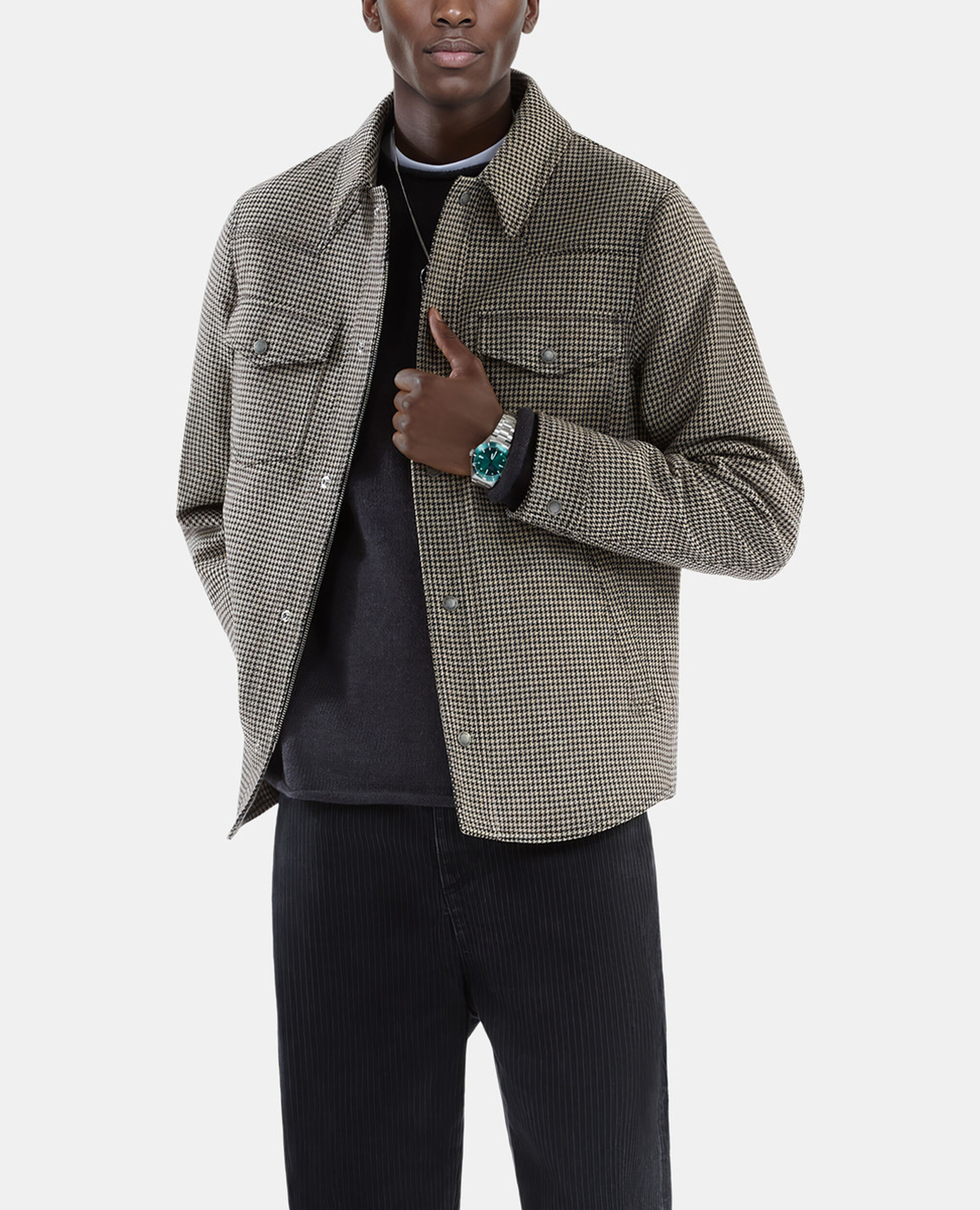 Blouson style surchemise pied de poule marron et écru, BROWN, hi-res image number null