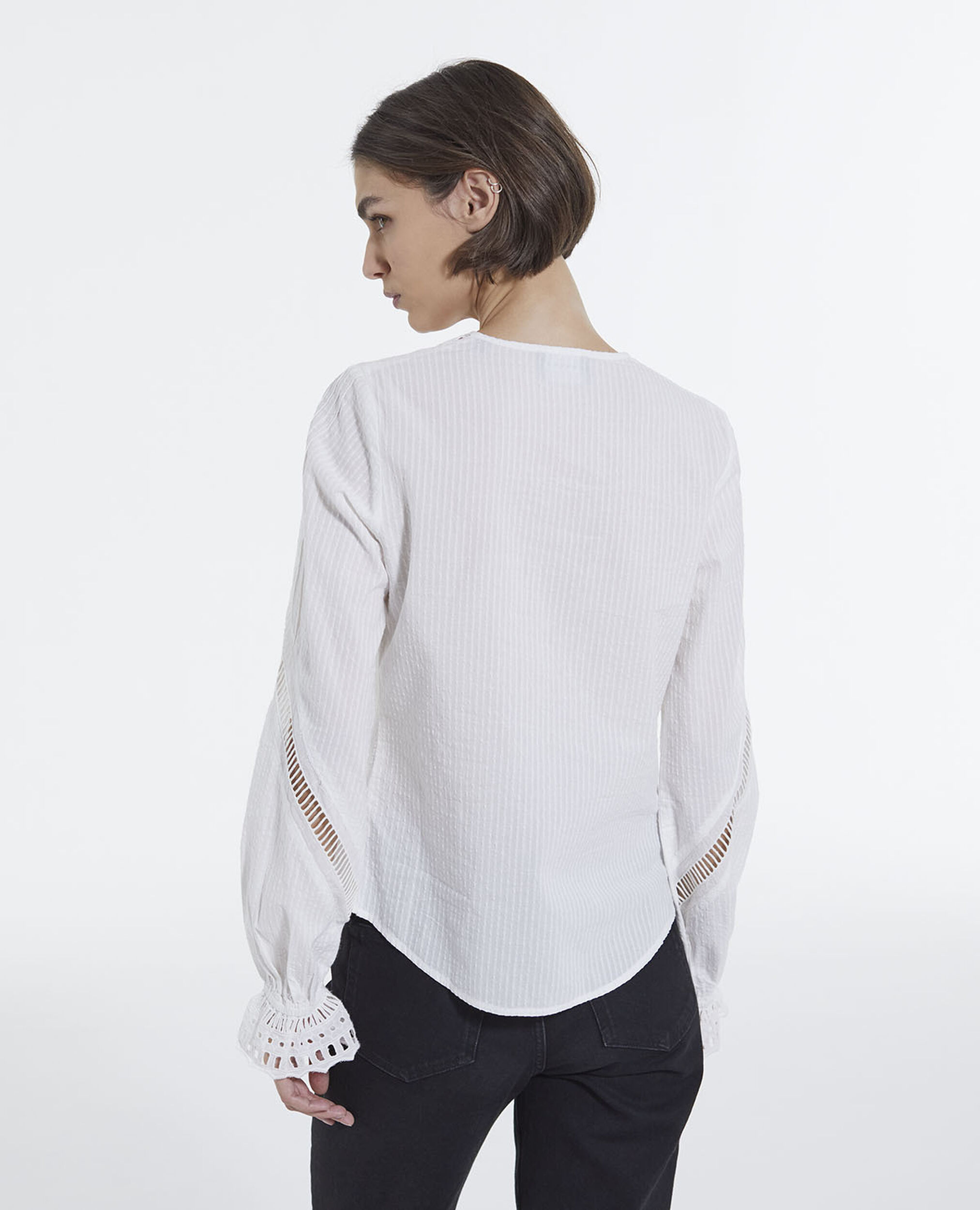 Ecru cotton embroidered long-sleeve top, OFF WHITE, hi-res image number null