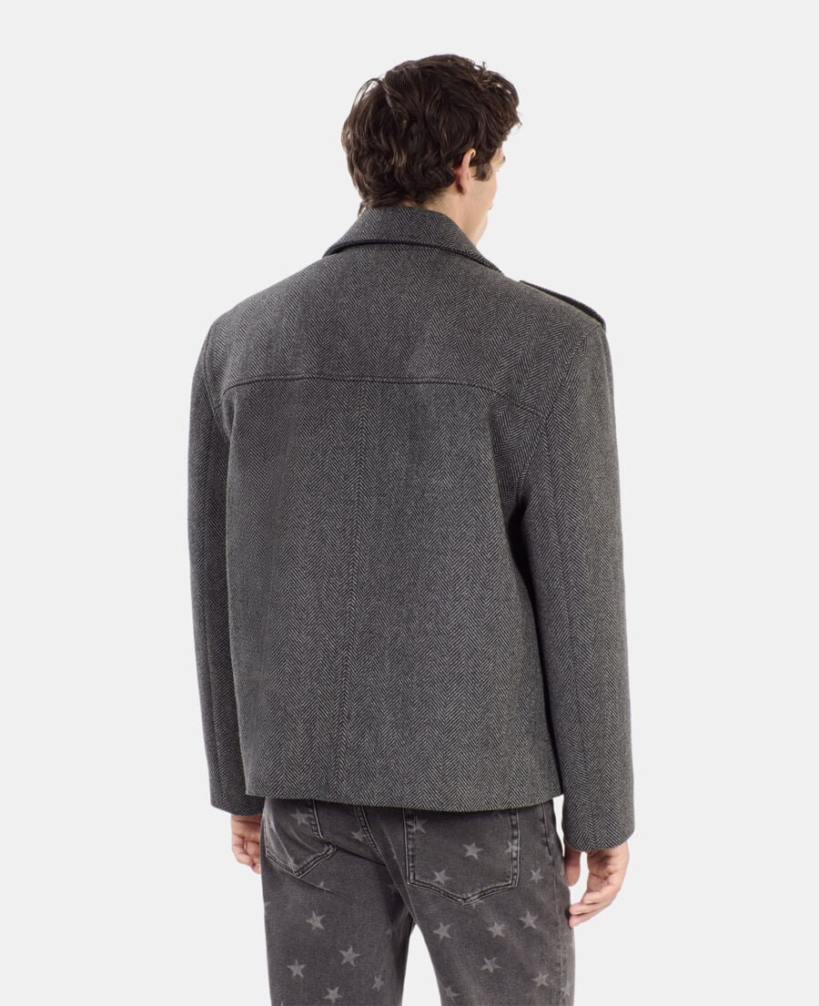 The Kooples HOMME BLACK GREY caban court en laine mélangée chevron noire