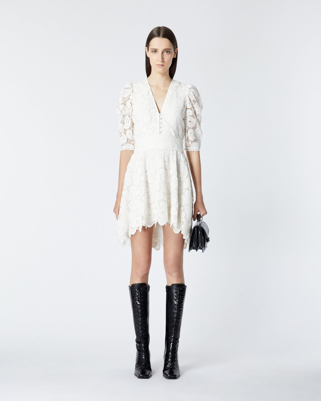 The Kooples MUJER ECRU vestido corto encaje blanco crudo volantes