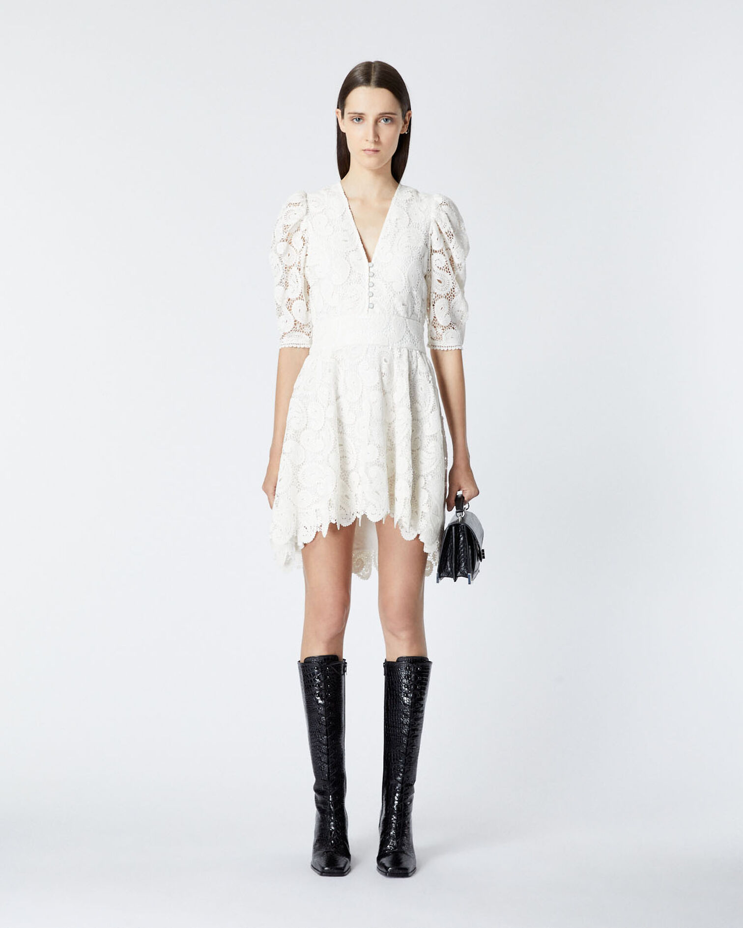 Vestido corto encaje blanco crudo volantes, ECRU, hi-res image number null