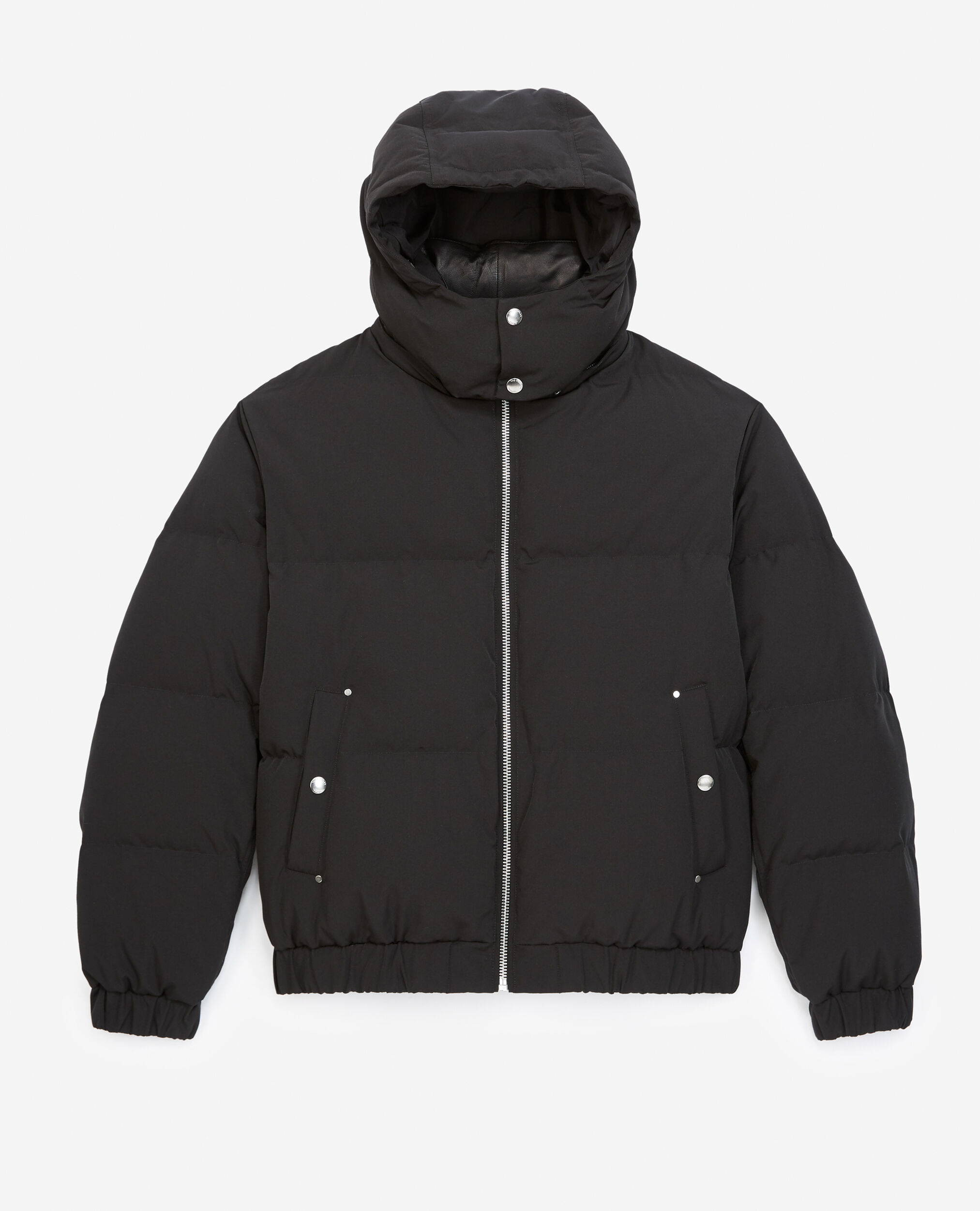 Black nylon down jacket with leather details, BLACK, hi-res image number null