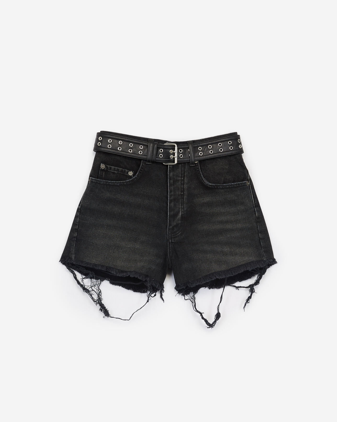 The Kooples WOMEN BLACK ripped black denim shorts with western belt