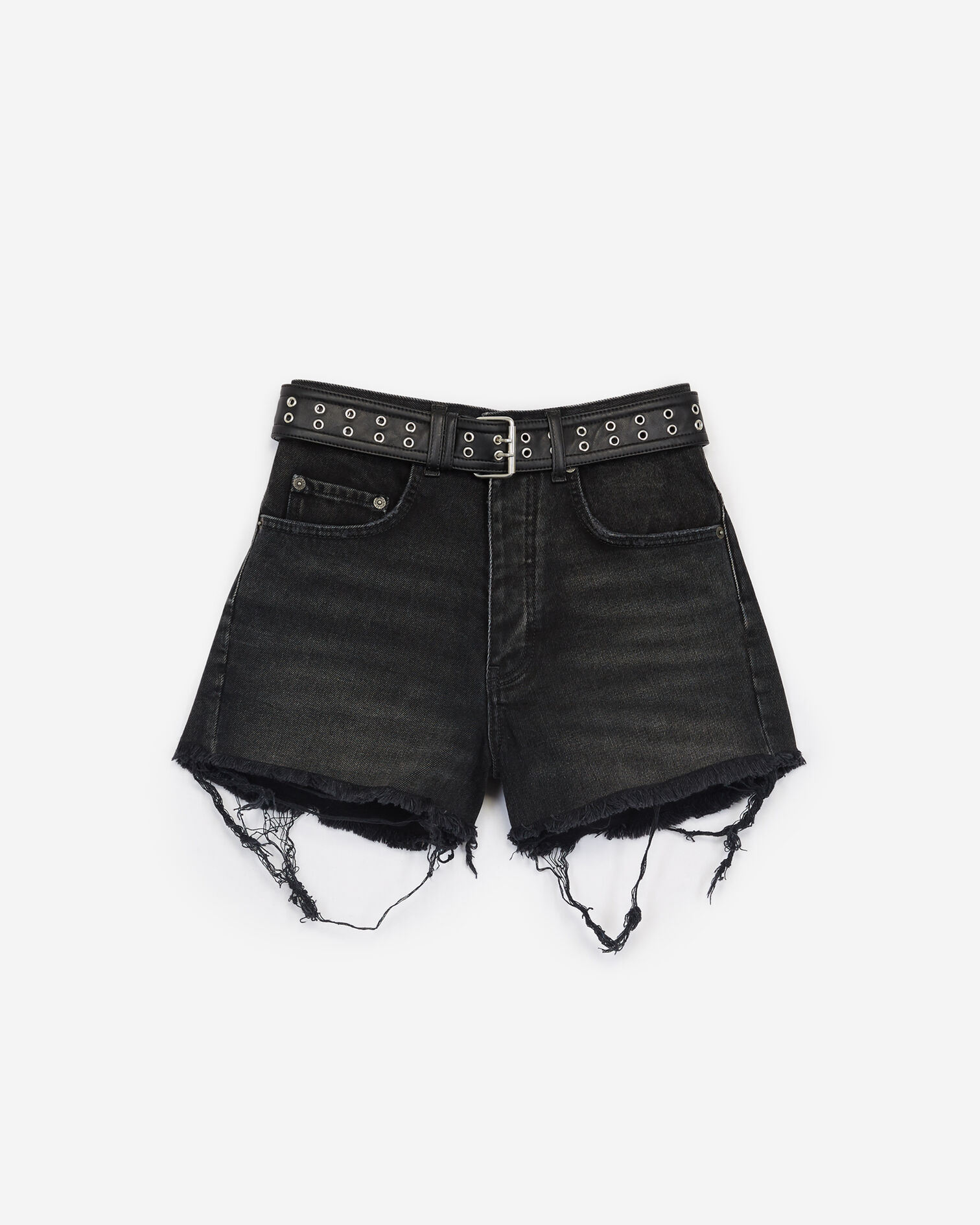 Ripped black denim shorts with western belt, BLACK, hi-res image number null