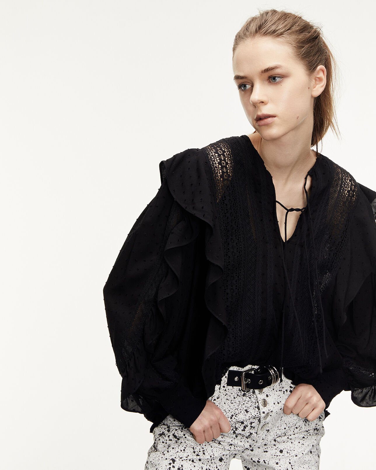 The Kooples WOMEN BLACK flowing flounced black top with lace