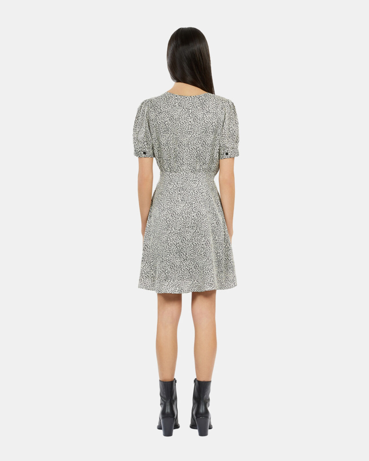 The Kooples WOMEN BLACK WHITE ivory and black leopard print short dress with buttons