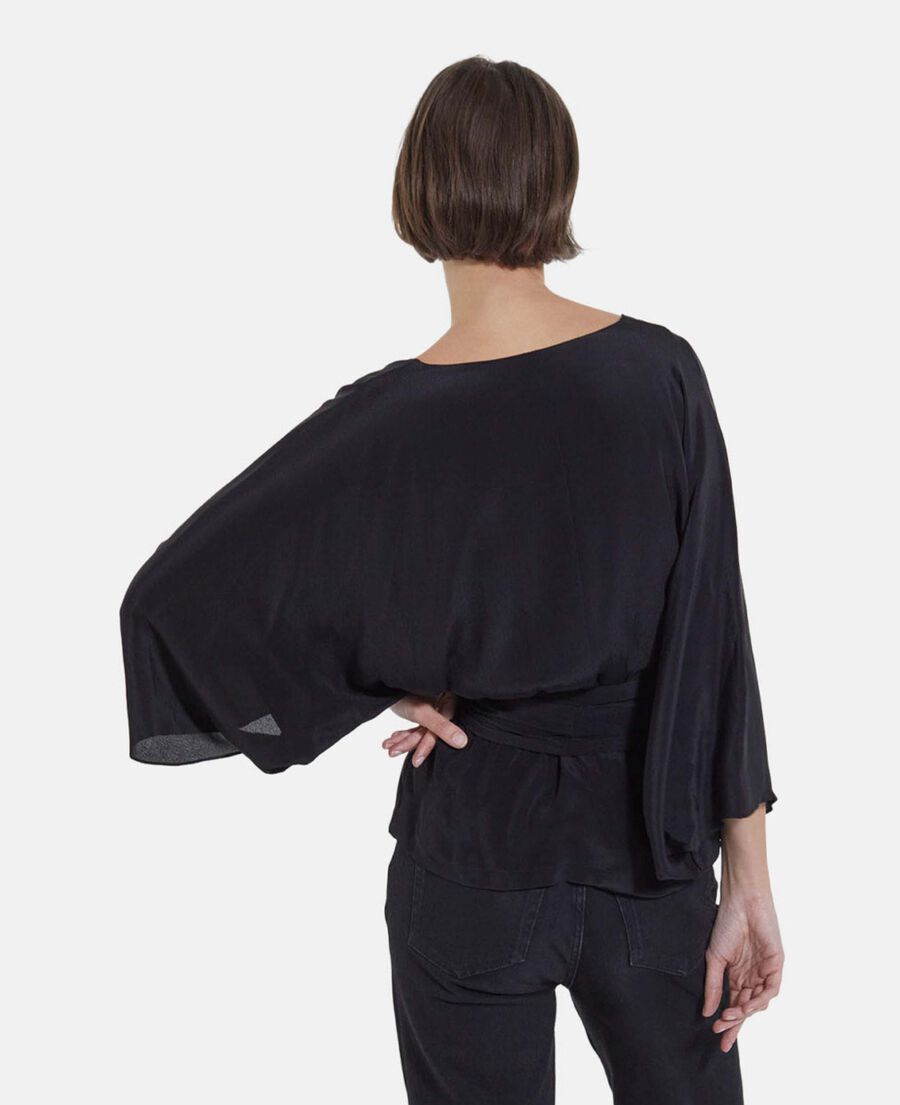 top kimono negro manga larga drapeado