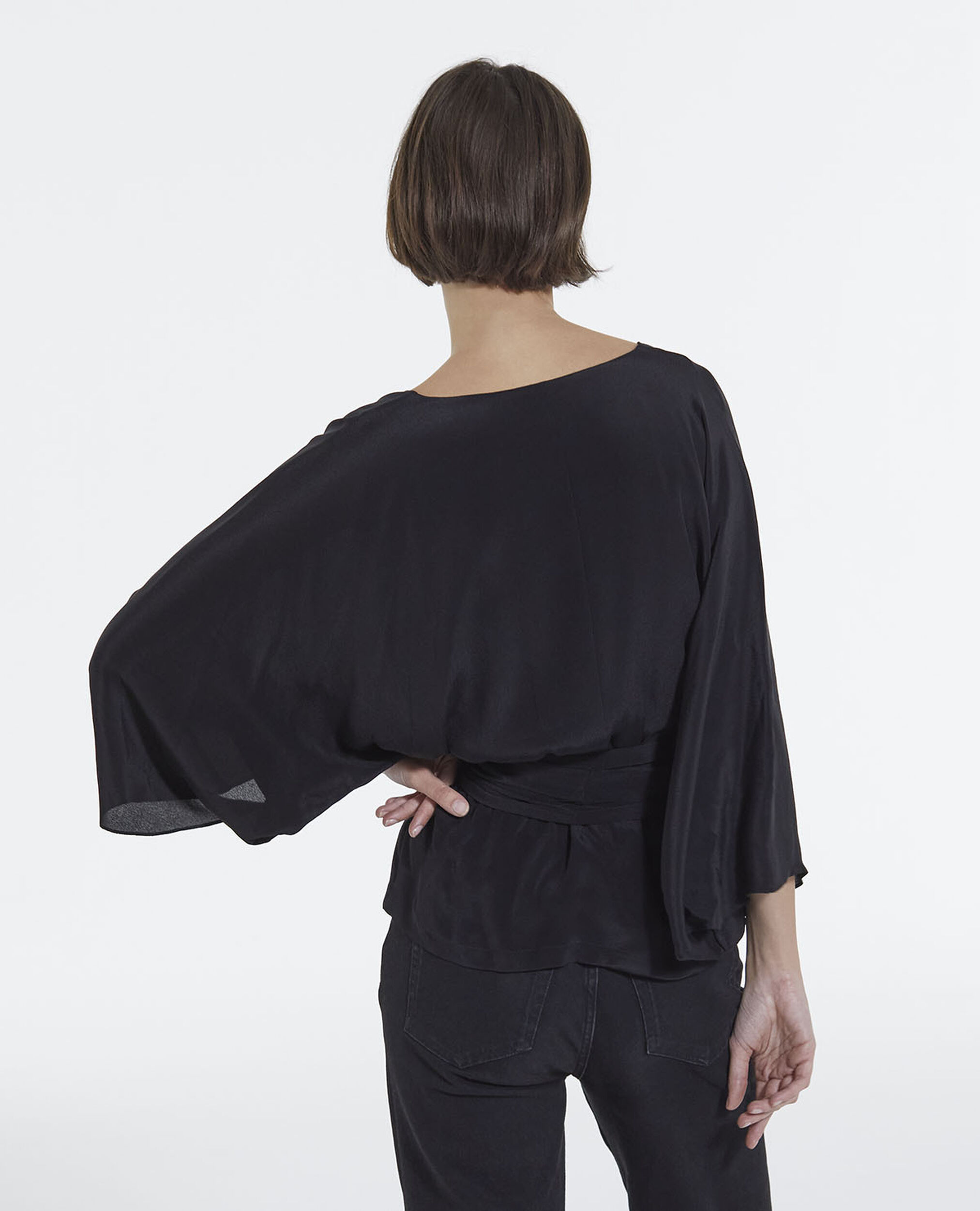 Schwarzes Kimono-Top mit langen Ärmeln, BLACK, hi-res image number null
