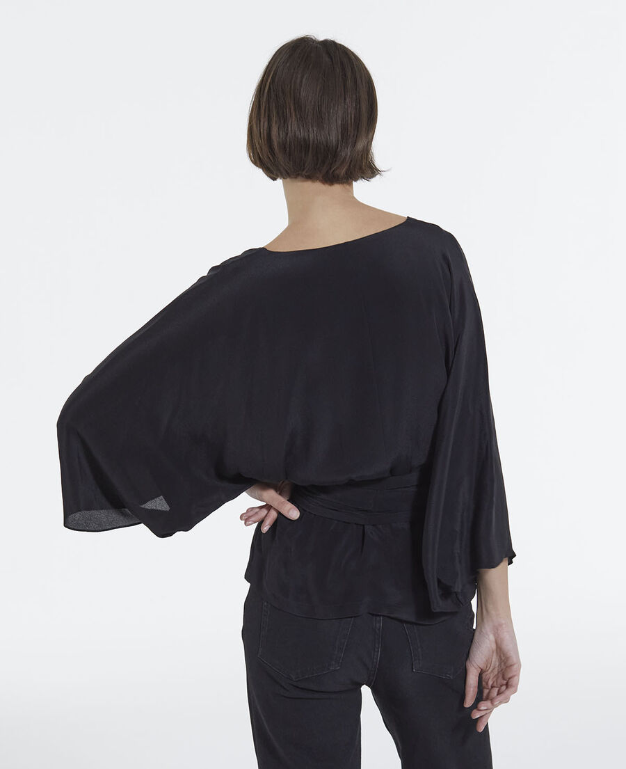 black kimono top with long draped sleeves