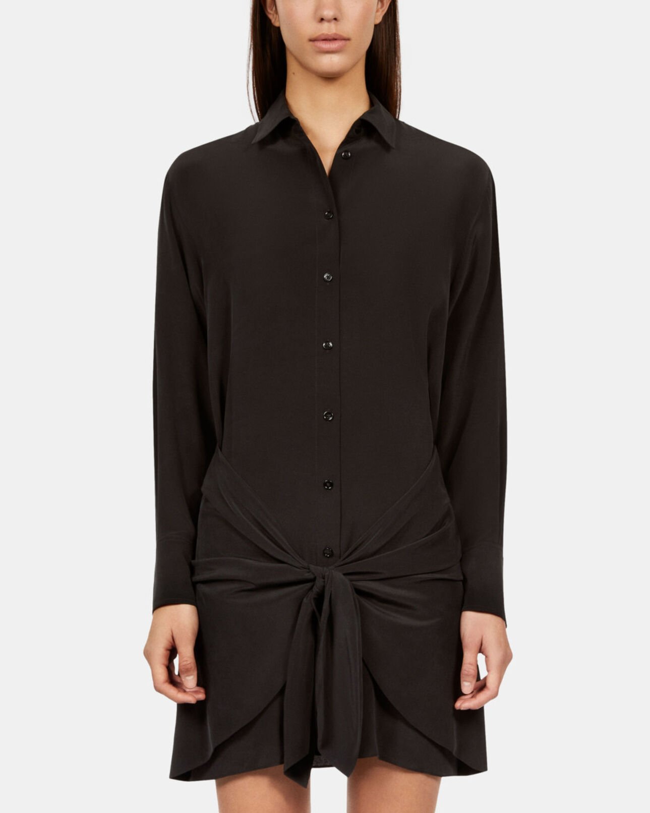 The Kooples FEMME BLACK robe chemise courte en soie avec nœud noire