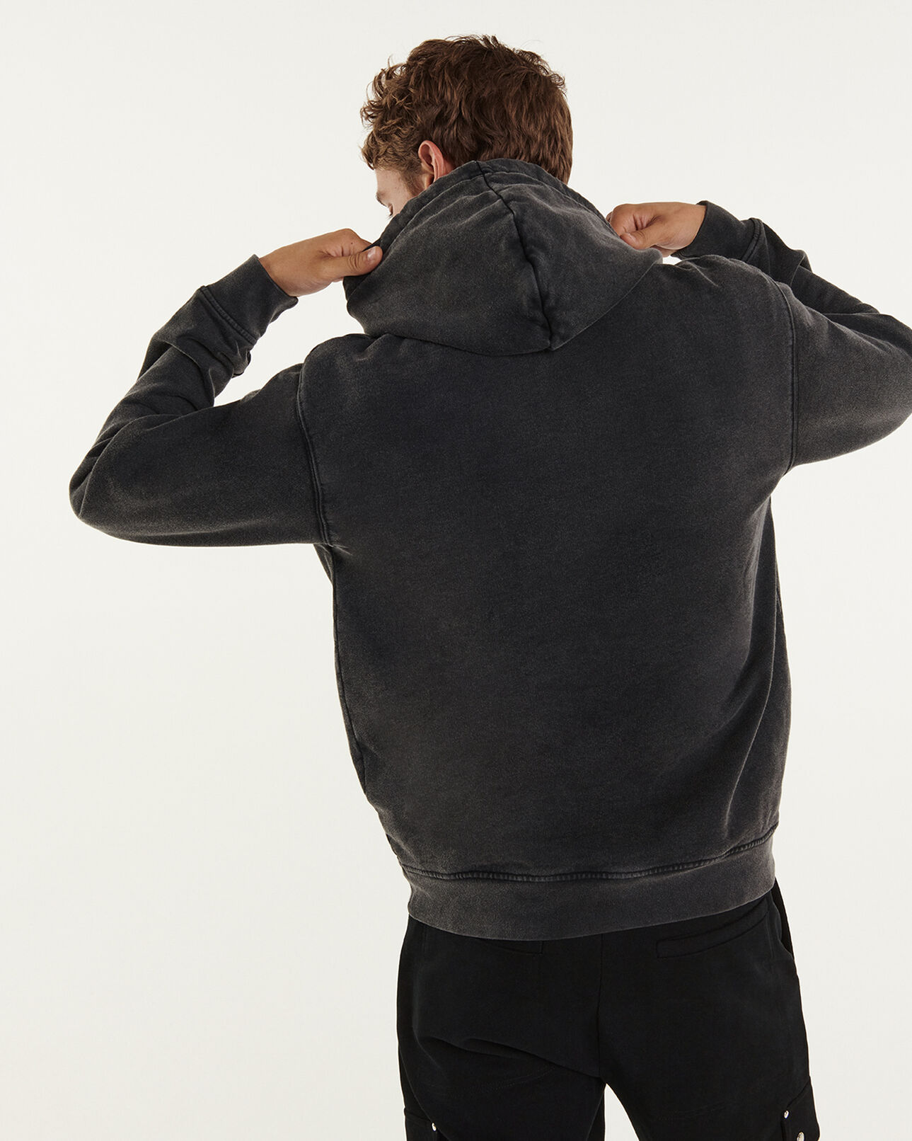 The Kooples MEN BLACK WASHED faded black cotton hoodie with logo