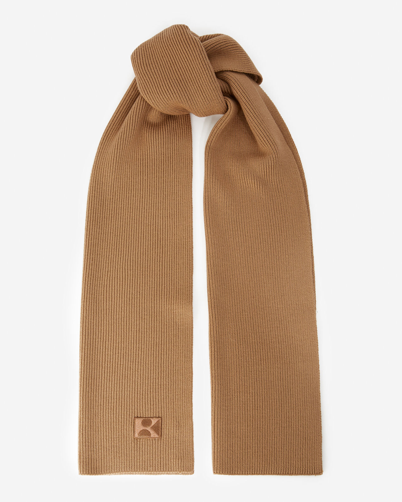 The Kooples MIXED CAMEL camel ribbed wool scarf with monogram