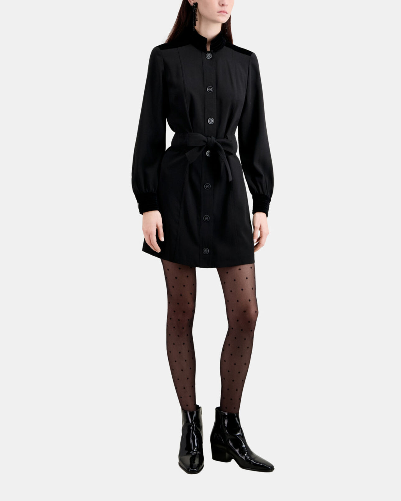The Kooples FEMME BLACK robe courte noire en crêpe avec détails en velours